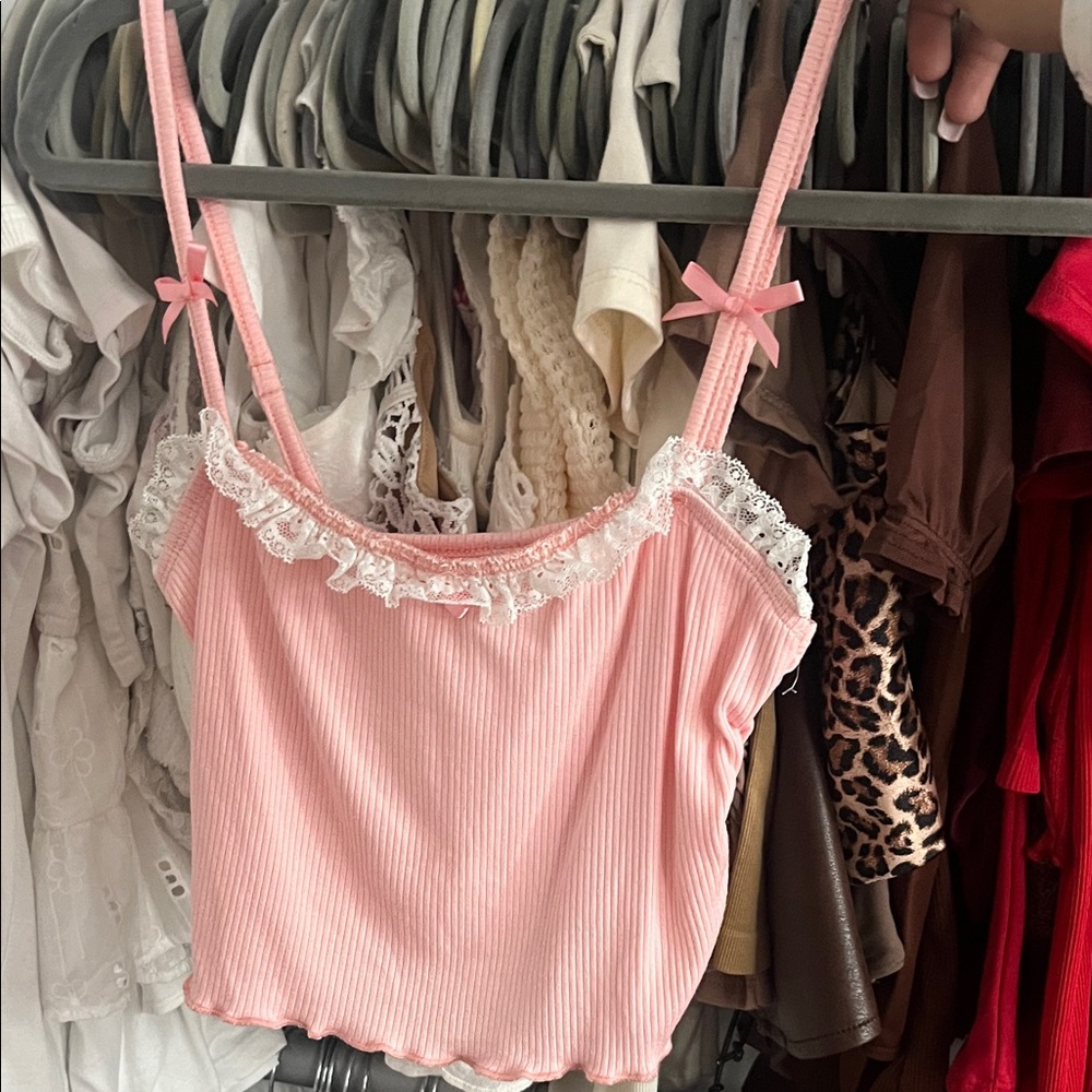 SHEIN Pink Ribbed Cami with Lace Trim